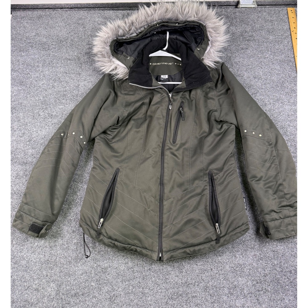 Obermeyer Womens Olive Green Insulated Ski Jacket Faux Fur Hood Size 12 Parka